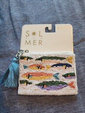 Sol and Mer Beaded Fish Coin Pouch in White with Multicolor Fish NWT
